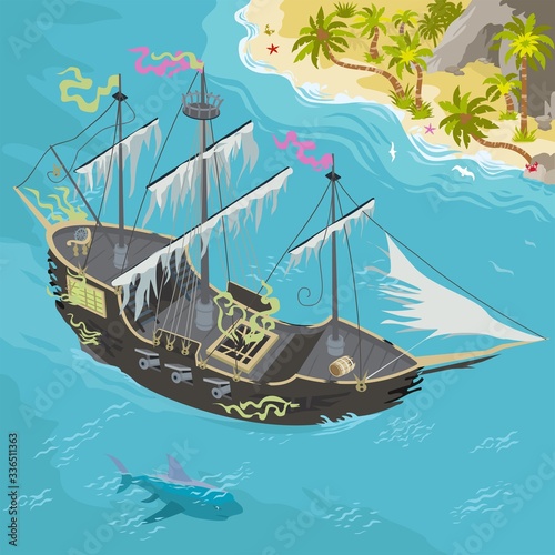 Ghost ship isometric illustration cartoon style vectors on sea adventure fantasy map and game builder with shark