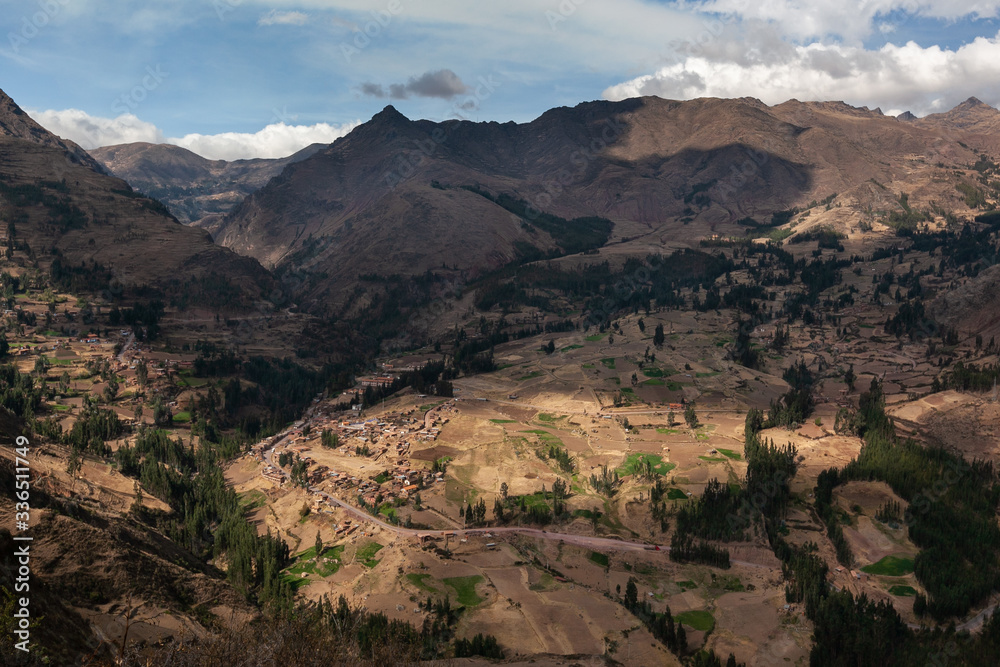 Peru Sacred valley and villages from  Pisaq viewpoint dry season
