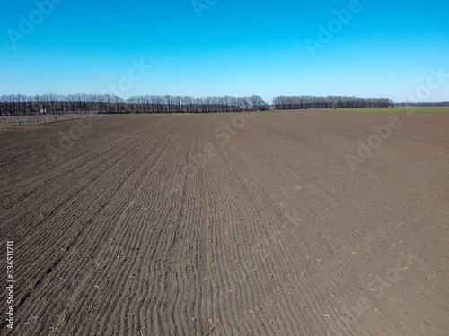 Tilled soil, black soil and freshly sown field. Forest and sky near farmland.