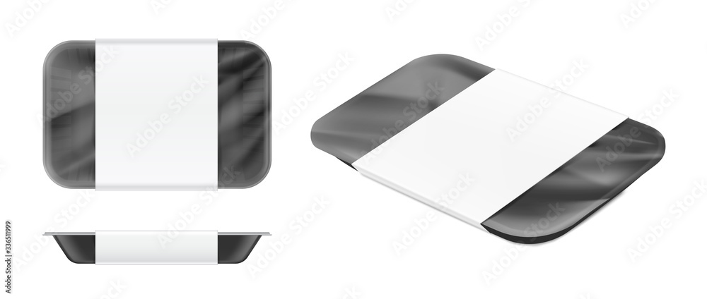 Black tray mockup container. Top, side, perspective view. Vector illustration isolated on white background. Template ready for your design. EPS10.	
