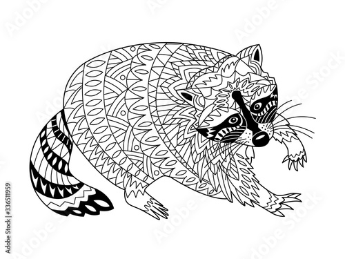 Raccoon coloring page for adult and children. Black and white creative animal.