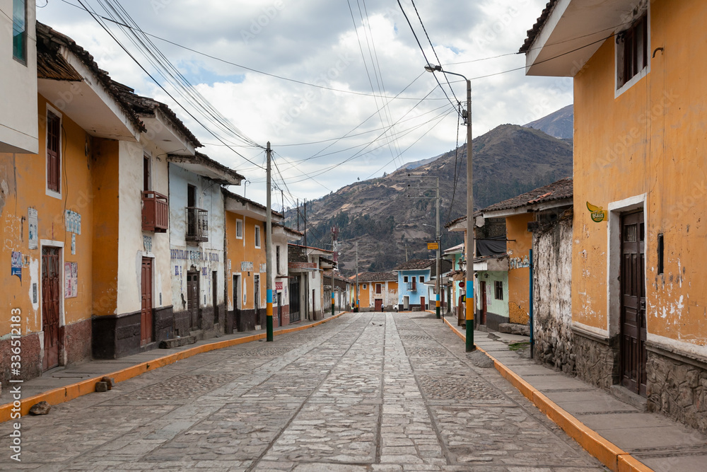 Sacred valley, Peru: empty streets of colonial town no tourists no people  