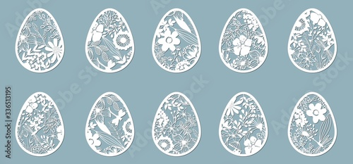 dandelion, bell, leaves, flowers, fern, chamomile carved in egg.  Set of paper Easter egg stickers. Laser cut. Set template for laser cutting and Plotter. Vector illustration. Sticker set. Pattern las