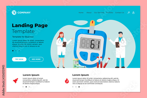 Doctors male and female with glucometer for diabetes medical diagnosis measuring sugar level landing page design template. Diabetic blood glucose meter vector website illustration