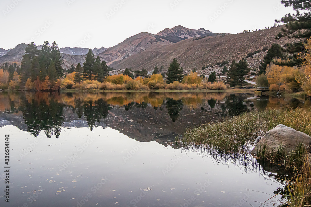 reflecctive mountain lake with pines aspens grass and mountain reflecctive mountain lake with pines aspens grass and mountain