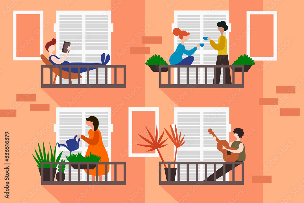 People are at home for self-isolation. Vector illustration. Neighbors on the balconies. Quarantine due to coronavirus. Covid-19. Hobbies for spending time in quarantine. People are at home for self-isolation. Vector illustration. Neighbors on the balconies. Quarantine due to coronavirus. Covid-19. Hobbies for spending time in quarantine.