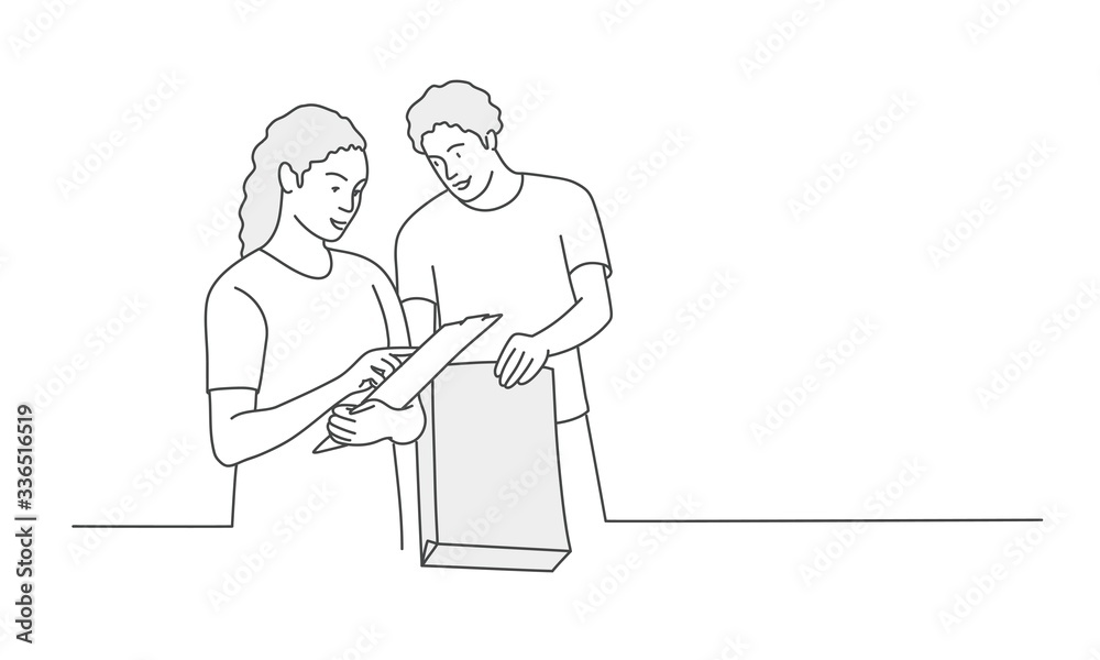 Delivery service. Man packing. Line drawing vector illustration.