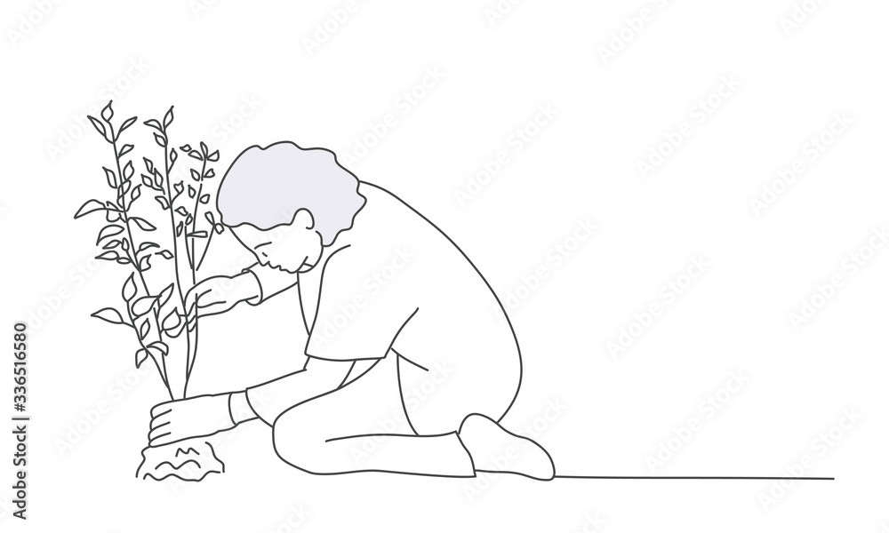 Obraz premium Line drawing of woman works in the garden. Gardening or planting concept. Vector illustration.