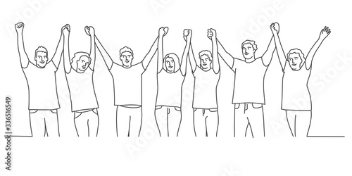 Group of people hold hands, hands are lifted up. Line drawing vector illustration.