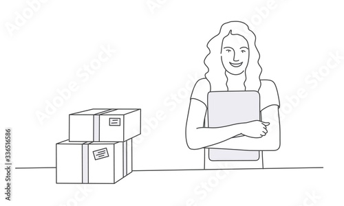 Delivery service. Woman with file. Line drawing vector illustration.
