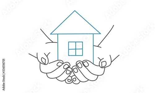 Hands holding house, family home, protecting insurance concept, international day, social distancing. Line drawing vector illustration.