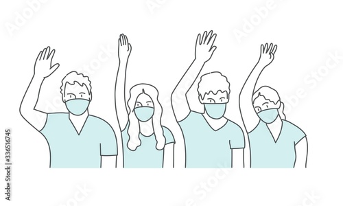 Group of people in medical masks with arms raised. Volunteering. Coronavirus. Hand drawn vector illustration.