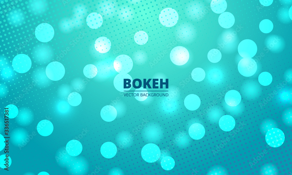 Bokeh lights on a green and blue halftone background. Holiday glowing white lights with sparkles. Defocused festive lights. Blurred bright abstract bokeh on light turquoise green water backdrop. Bokeh lights on a green and blue halftone background. Holiday glowing white lights with sparkles. Defocused festive lights. Blurred bright abstract bokeh on light turquoise green water backdrop.