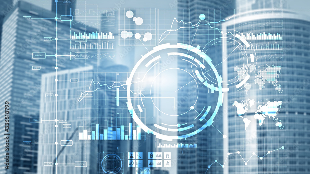 Financial dashboard with business intelligence BI. Blurred megapolis.