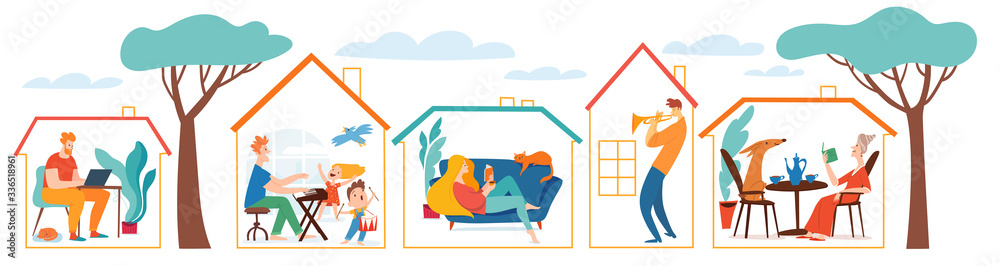 Stay at home vector quarantine illustration with different people and family spend time together - obrazy, fototapety, plakaty 