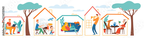 Stay at home vector quarantine illustration with different people and family spend time together