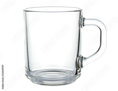 Empty transparent glass mug with round handle isolated on white background