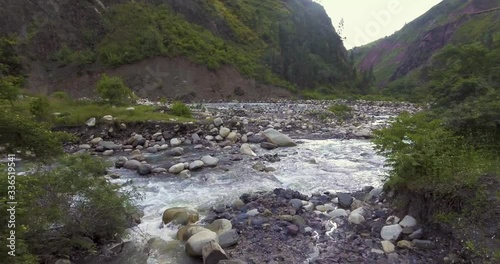 Rapid Crystalline Water Flowing in San Cristobal River by High Bolivian Andes Town Sorata Aerial View photo