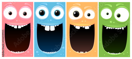 Cartoon funny monsters set with big smiling