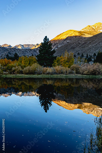 reflecctive mountain lake with pines aspens grass and mountain