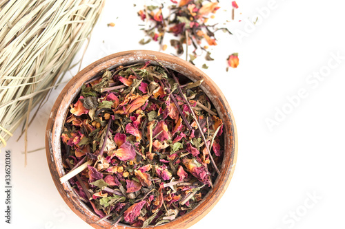 Tea set herbal, floral, lemongrass on a white background. Tea ceremony, the benefits and pleasure of tea drinks, beauty and health.