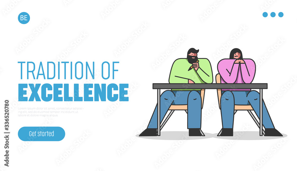 Studying And Education Landing Page. Man And Woman Students Are Sitting At Desk Learning, Communicating And Listening The Lecture In University. Cartoon Linear Outline Flat Style. Vector Illustration