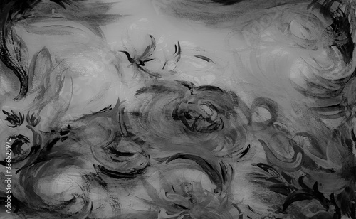 background, strokes of acrylic paints on paper in black and white
