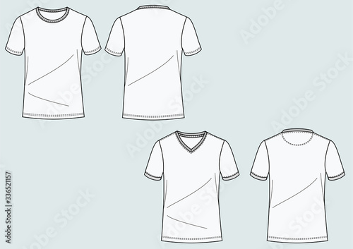 T-shirt uomo girocollo e scollo a v disegno piatto sketch fashion illustration fronte e retro mock up vettoriale