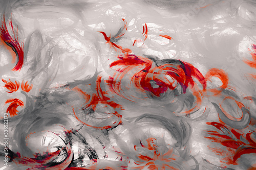 gray streaks of paint on a sheet of paper with bright red strokes