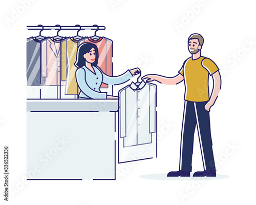 Laundry And Dry Cleaning Concept. Girl Laundry And Dry Cleaner Worker Giving To Man Washed Clean Suit. Self Service And Modern Interior With Clothes. Cartoon Linear Outline Flat Vector Illustration