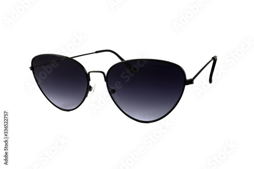 Black gradient cat eye sunglasses with wrap around frames isolated on white background, side view