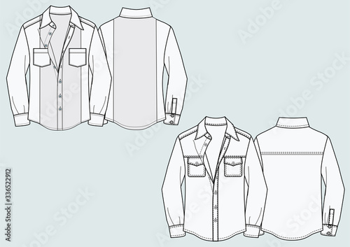 Camicia uomo tasche flat sketch fashion illustration with front and back view. Drawing vector template mock up