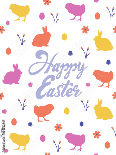 Happy easter holiday poster template. Art with chicks  rabbits  flowers and eggs