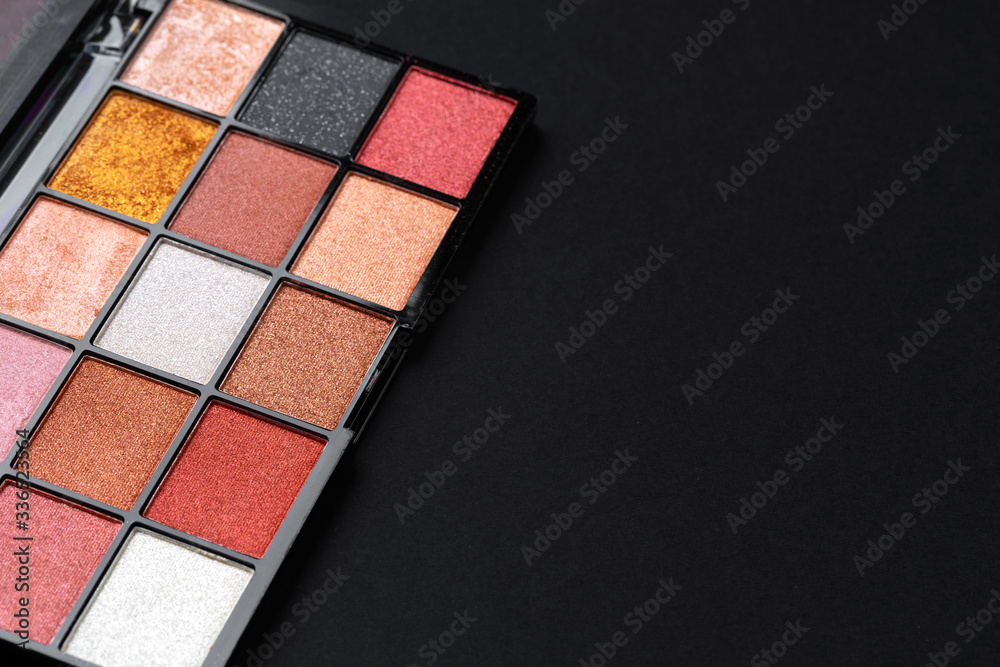 Color professional cosmetic palette on a dark background, close up Color professional cosmetic palette on a dark background, close up