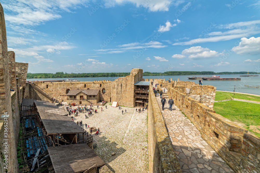 Smederevo, Serbia - May 02, 2019: The Smederevo Fortress is a medieval fortified city in Smederevo, Serbia. View of the Danube River from the fort