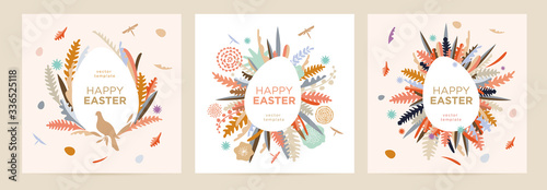 Happy Easter card templates with eggs, flowers, dove and typographic design. Can be used for greeting cards, banners, invitations, sales and festive events. Vector illustration.