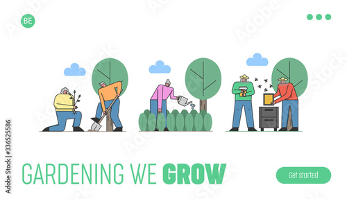 Concept Of Leisure Of Retired People. Website Landing Page. Characters Enjoying Their Hobby Together. Men And Women Gardening And Beekeeping. Web Page Cartoon Linear Outline Flat Vector Illustration