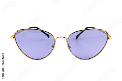 Violet color cat eye sunglasses with gold wrap around frames isolated on white background, front view