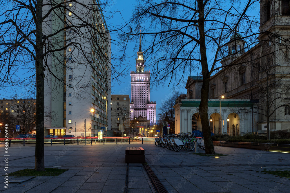 A night view of the Palace of Culture in Warsaw