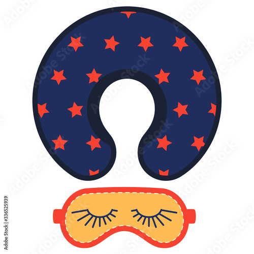Sleeping mask and travel neck pillow vector icon set isolated on white background.