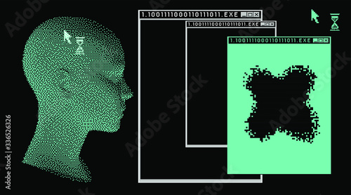 Cyberpunk futuristic collage with glitch art artifacts and wireframe of a human head. Retrofuturistic 8-bit style aesthetics.