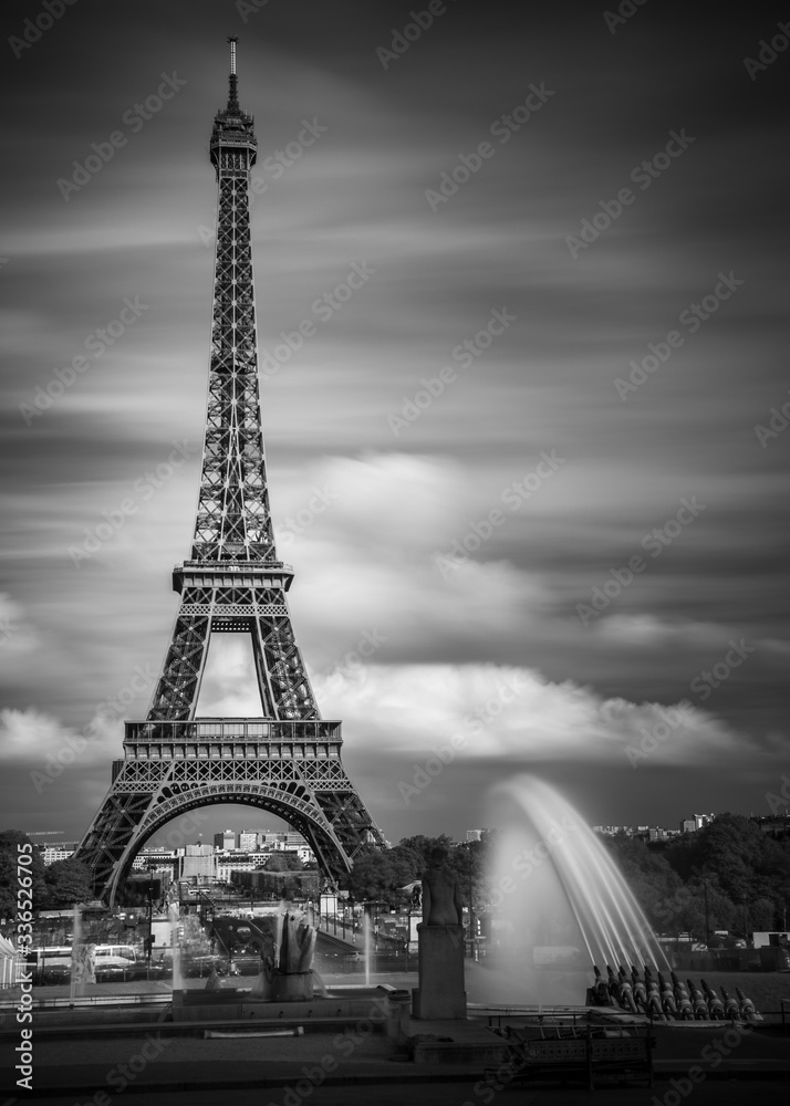 One of world's most iconic structure, The Eiffel Tower in a dramatic long exposure monochromatic picture.