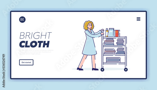 Concept Of Room Service. Website Landing Page. Woman Pushing The Cart With Clean Towels And Cleaning Agents. Chambermaid with Clean Towels. Web Page Cartoon Linear Outline Flat Vector Illustration