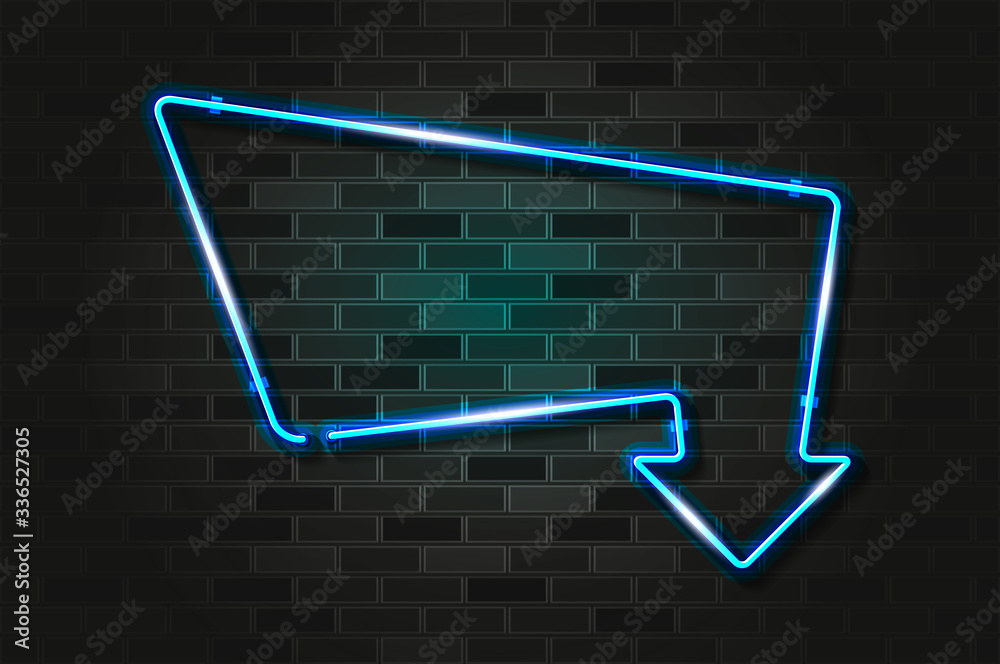 Vecteur Stock Blue retro arrow to down, glowing neon frame or LED strip  light on a black brick wall. Realistic vector illustration | Adobe Stock