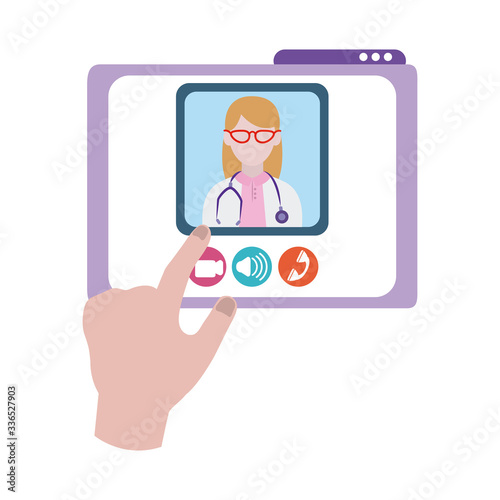 online doctor, hand touching screen professional consultant medical covid 19, flat style icon