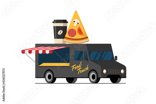 Fast food black pizzeria cooking truck. Pizza slice and coffee paper cup on van roof. Eatery car delivery service or festival on street cuisine wheels vector flat isolated illustration