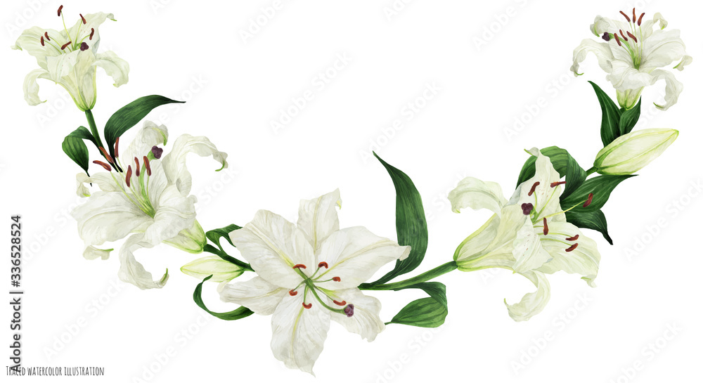 Tropical floral traced watercolor arc with oriental white lilies