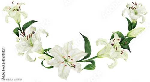 Tropical floral traced watercolor arc with oriental white lilies photo