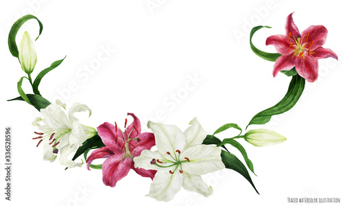 Foto Tropical floral watercolor garland with oriental white and pink lilies