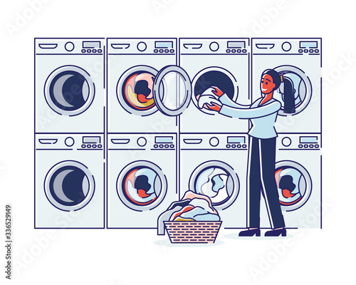 Public Laundry And Dry Cleaning Concept. Female Character Housewife Is Putting Dirty Clothes Into Washing Machine For Washing In Modern Wash Service. Cartoon Linear Outline Flat Vector Illustration